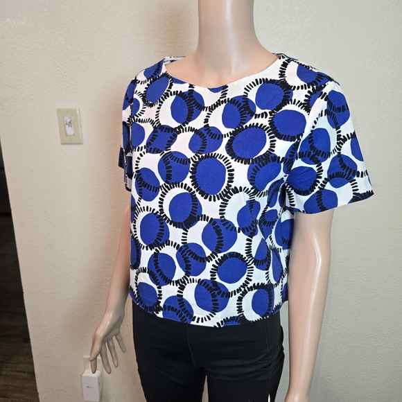 Kate Spade Blue Print Top White Cotton Mod Crop Blouse Short Sleeve Bold size Lg - Picture 6 of 10